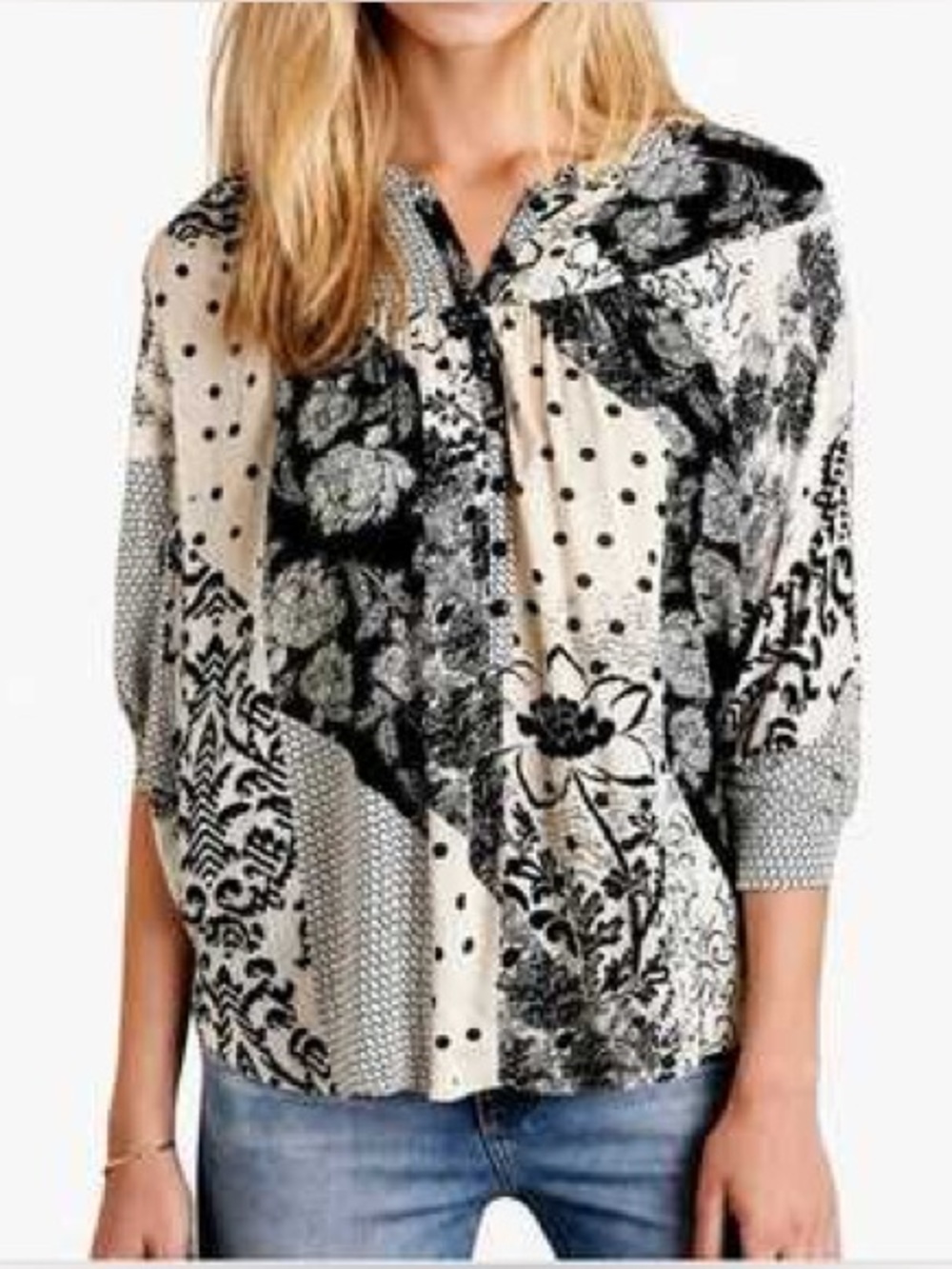 Maeve Linden Patchwork Print Dolman Blouse Black Ivory Size XS